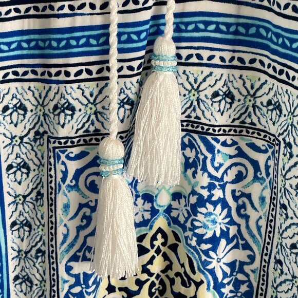 Chicos Womens Large Blue White Maxi Dress Sleeveless Boho Patchwork Tassel Tie - Picture 11 of 14